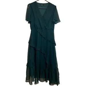 ​Lulus Emerald Green Chiffon Swiss Dot Ruffled Tiered Midi Dress Womens Size Lar